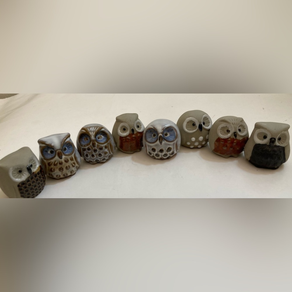Set of 8 ceramic miniature owls - Picture 2 of 8